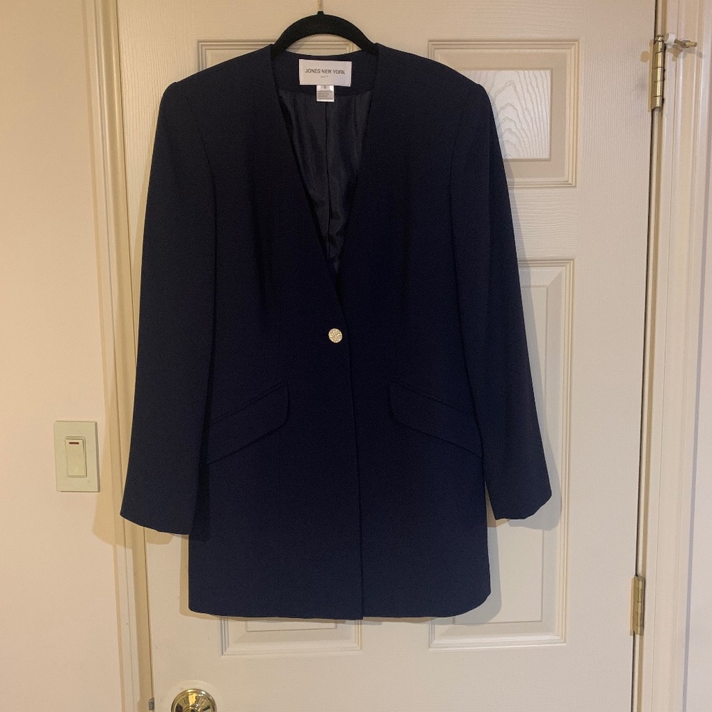 Jones New York Suit Navy Blue Lined Long Blazer sz 8